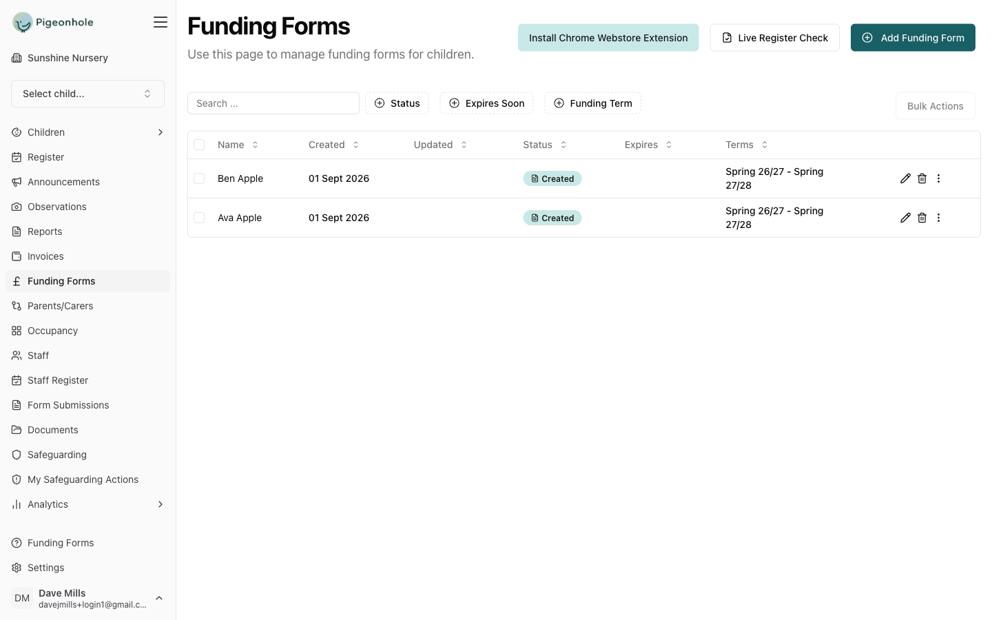 The funding forms list: each child's form, its status and the terms it covers