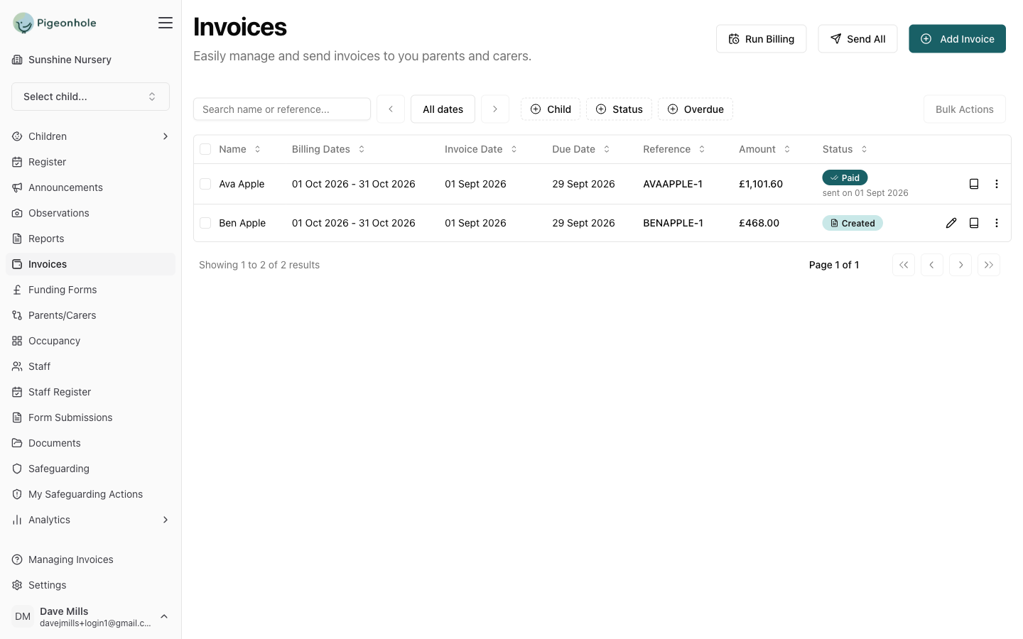 The invoice list, with paid and created invoices for the month