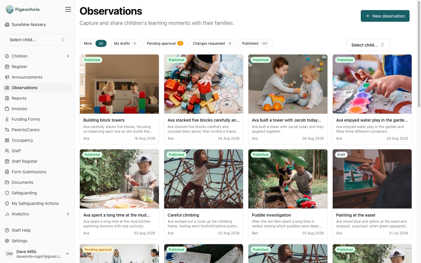 The observations list, full of published moments with photos